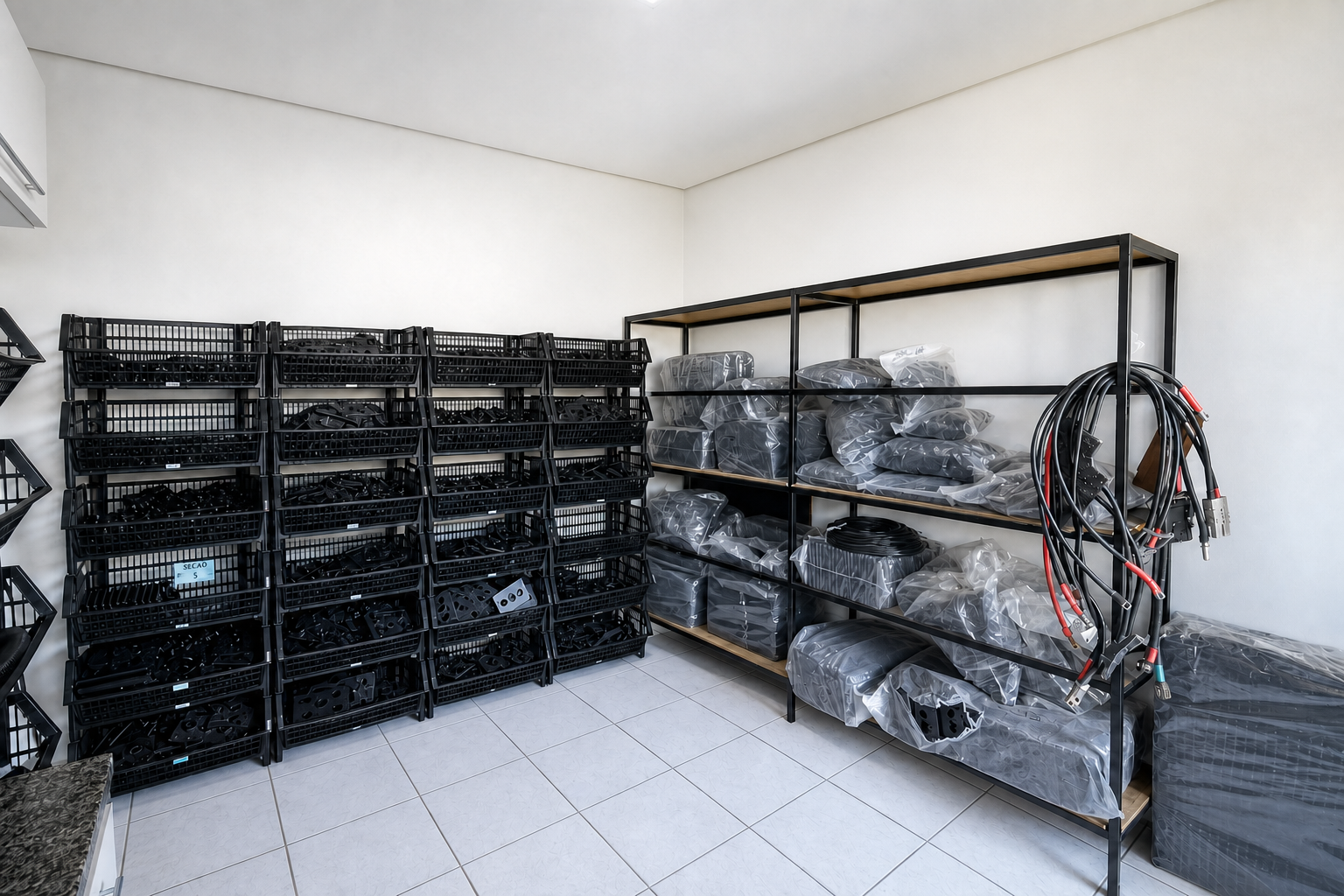 Sala de estoque com componentes e cabos